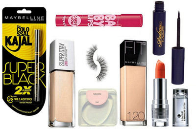 

Adorable silicone puff, maybelline colossal super black kajal,superstay 24h full coverage foundation & fit me 120 foundation and candy wow cherry lipbalm, eyelashes, lakme inrich lipstick, mac eyeliner(Set of 8)