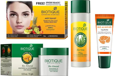 

BIOTIQUE BIO Anti Tan Facial Kit, Bio Almond Soothing & Nourishing Eye Cream, Bio Vera 75+ Spf Sunscreen Ultra Soothing Body Lotion, LIP CARE(Set of 4)