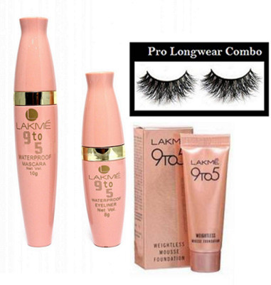 

pro longwear combo Eyelashes, 9to5 waterproof Mascara & Eyeliner, Mousse Foundation(Set of 4)