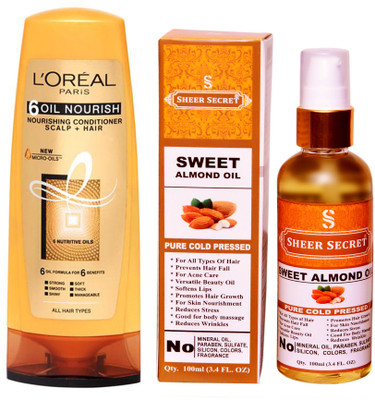 

SHEER SECRET SWEET ALMOND OIL 100 ML (PURE COLDPRESSED) and LOREAL CONDITIONER OIL NOURISH 175ML(Set of 2)