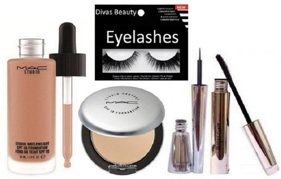 

divas beauty Eyelashes , Mac Brooke Candy Eyeliner , Mascara with Silver Compact , Studio Foundation(Set of 5)