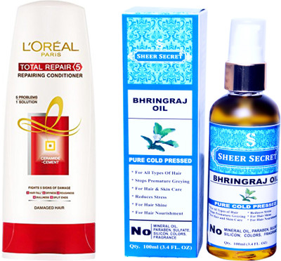 

SHEER SECRET BHRINGRAJ OIL 100 ML (PURE COLDPRESSED) and LOREAL CONDITIONER TOTAL REPAIR 5 175ML(Set of 2)
