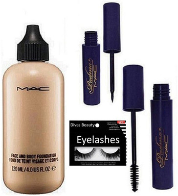 

divas beauty Eyelashes , Mac Face & Body Foundation with Padma Eyeliner , Mascara(Set of 4)