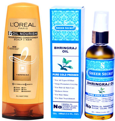 

SHEER SECRET BHRINGRAJ OIL 100 ML (PURE COLDPRESSED) and LOREAL CONDITIONER OIL NOURISH 175ML(Set of 2)