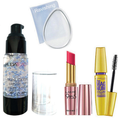 

ravishing PUFF, HUDA BEAUTY SKIN CAVIAR PRIMER & LAKME 9 TO 5 LIPSTICK & THE Magnum volume express MASCARA(Set of 4)
