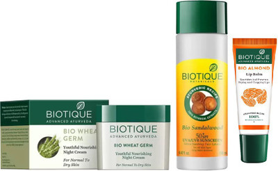 

BIOTIQUE BIO Wheat Germ Youthful Nourishing Night Cream, Bio Sandalwood Ultra Soothing Face Lotion 50+ SPF UVA/UVB Sunscreen , LIP CARE(Set of 3)