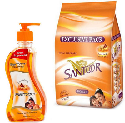 

santoor Sandal & Turmeric Soap (100g, Pack of 4)Essential Oils Hand Wash (215x1 ml, Pump)(Set of 5)