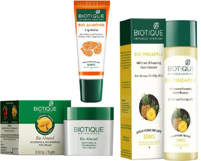 

BIOTIQUE BIO Almond Soothing & Nourishing Eye Cream, Bio Pineapple Oil Control Face Cleanser For Normal To Oil Skin, LIP CARE(Set of 4)