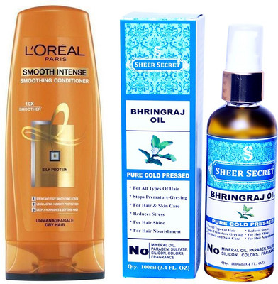 

SHEER SECRET BHRINGRAJ OIL 100 ML (PURE COLDPRESSED) and LOREAL CONDITIONER SMOOTH INTENSE 175ML(Set of 2)