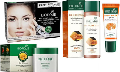 

BIOTIQUE BIO Diamond Facial Kit, Bio Almond Soothing & Nourishing Eye Cream, Bio Honey Gel Refreshing Foaming Face Cleanser For All Skin Types , LIP CARE(Set of 4)