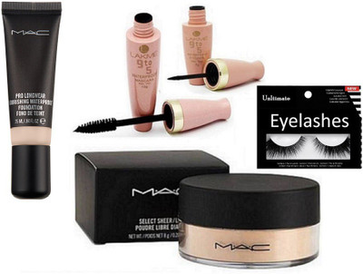

Ultimate Eyelashes , Mac Pro Longwear Foundation with Loose Poudre & Lakme 9 to 5 Eyeliner , Waterproof Mascara(Set of 5)