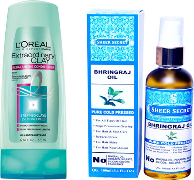 

SHEER SECRET BHRINGRAJ OIL 100 ML (PURE COLDPRESSED) and LOREAL CONDITIONER CLAY 175ML(Set of 2)