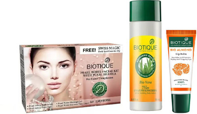 

BIOTIQUE BIO Pearl White Facial Kit, Bio Vera 75+ Spf Sunscreen Ultra Soothing Body Lotion, LIP BAM(Set of 3)