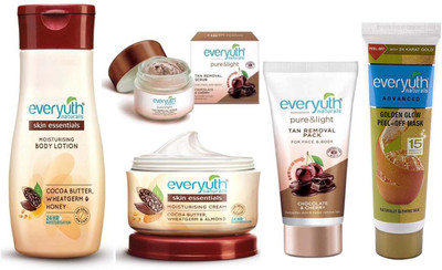 

Everyuth Naturals Skin Essentials Moisturising Body Lotion Cocoa Butter Wheatgerm & Honey 200ml, Moisturising Cream Cocoa Butter Wheatgerm & Almond 100ml, TAN REMOVAL SCURB 50g, TAN REMOVAL PACK 50g & Golden Glow Peel-Off Mask 90g(Set of 5)