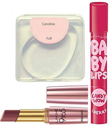 

caroline Silicon puff, Maybelline Baby Lips Lip Balm & Lakme 9to5 Primer Lipstick(Set of 3)