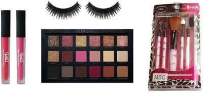

jollity Make Up Brush Set of 5 And Huda Beauty Rose Gold Eye Shadow And Eyelash And Glam 21 Red & PInk Lipstick(Set of 5)