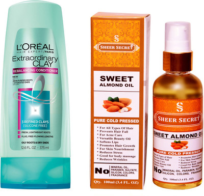 

SHEER SECRET SWEET ALMOND OIL 100 ML (PURE COLDPRESSED) and LOREAL CONDITIONER CLAY 175ML(Set of 2)