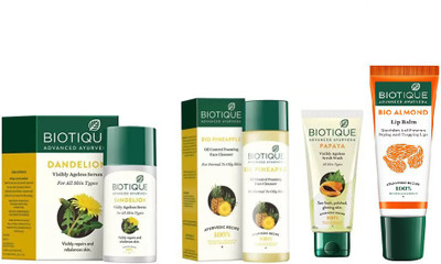 

BIOTIQUE BIO Dandelion Ageless Lightening Serum, PINEAPPLE OIL CONTROL FACE CLEANSER, papaya face wash , LIP CARE(Set of 4)