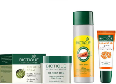 

BIOTIQUE BIO Wheat Germ Youthful Nourishing Night Cream, Bio Carrot 40+Spf Sunscreen Ultra Soothing Face Lotion , LIP CARE(Set of 3)