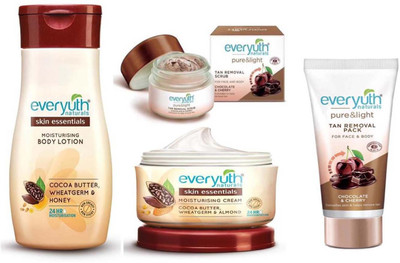 

Everyuth Naturals Skin Essentials Moisturising Body Lotion Cocoa Butter Wheatgerm & Honey 200ml, Moisturising Cream Cocoa Butter Wheatgerm & Almond 100ml, TAN REMOVAL SCURB 50g, TAN REMOVAL PACK 50g(Set of 4)