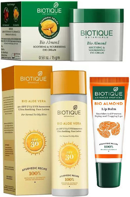 

BIOTIQUE BIO Almond Soothing & Nourishing Eye Cream, Bio Aloe Vera 30+ Spf Sunscreen Ultra Soothing Face Lotion, LIP CARE(Set of 3)