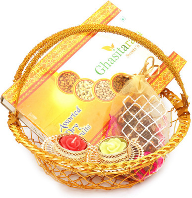 

Ghasitaram Gifts Hampers-Golden Metal Basket with Dryfruit Box, Sugarfree bites Pouches and 2 t-lites Combo(9)