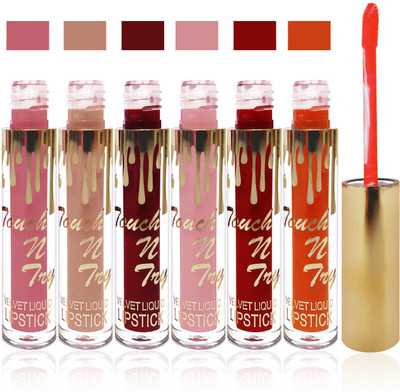 

Seven Seas cosmetics makeup Touch n try velvet matte liquid lipstick enriched with vitamin E fashion color combo set of 6(pink brown black maroon skin pink maroon l orange)