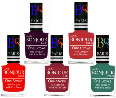

Bonjour Paris Stylish Nail Polish Set of 5 Pcs 01-02-03-08-42 Orange,Plum,Maroon,Red,Sky Blue(Pack of 5)
