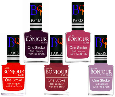 

Bonjour Paris Stylish Nail Polish Set of 5 Pcs 01-02-03-14-28 Orange,Plum,Maroon,Magenta,Light Purple(Pack of 5)