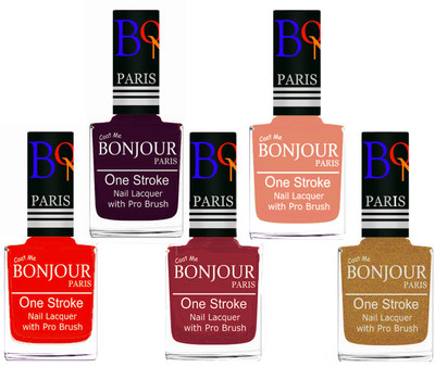 

Bonjour Paris Stylish Nail Polish Set of 5 Pcs 01-02-03-23-43 Orange,Plum,Maroon,Peach,Golden Shimmer(Pack of 5)