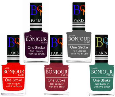 

Bonjour Paris Stylish Nail Polish Set of 5 Pcs 01-02-03-22-42 Orange,Plum,Maroon,Grey,Sky Blue(Pack of 5)