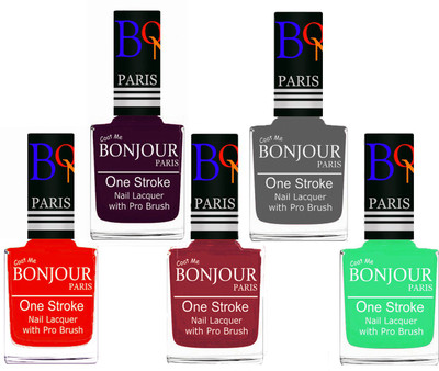 

Bonjour Paris Stylish Nail Polish Set of 5 Pcs 01-02-03-22-47 Orange,Plum,Maroon,Grey,Neon Green(Pack of 5)