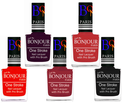 

Bonjour Paris Stylish Nail Polish Set of 5 Pcs 01-02-03-08-18 Orange,Plum,Maroon,Red,Black(Pack of 5)