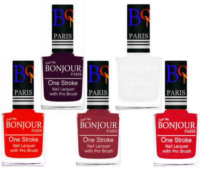 

Bonjour Paris Stylish Nail Polish Set of 5 Pcs 01-02-03-19-45 Orange,Plum,Maroon,White,Royal Pink(Pack of 5)