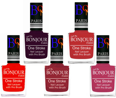

Bonjour Paris Stylish Nail Polish Set of 5 Pcs 01-02-03-08-14 Orange,Plum,Maroon,Red,Magenta(Pack of 5)