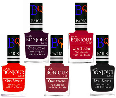 

Bonjour Paris Stylish Nail Polish Set of 5 Pcs 01-02-03-04-18 Orange,Plum,Maroon,Pink,Black(Pack of 5)