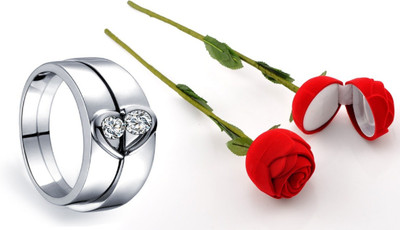 SILVERISH Valentine Day Gift Heart Shape Couple Ring With Beautiful Red Rose Box Alloy Cubic Zirconia Platinum Plated Ring Set