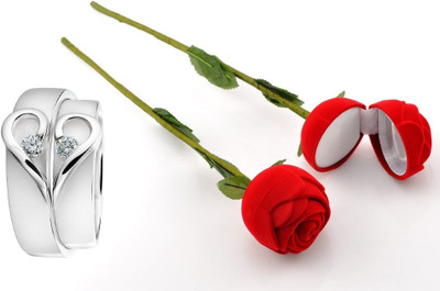 SILVERISH Valentine Day Gift Heart Shape Couple Ring With Beautiful Red Rose Box Alloy Cubic Zirconia Platinum Plated Ring Set