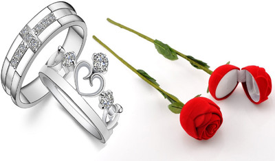 SILVERISH Valentine Day Gift Couple Ring With Beautiful Red Rose Box Alloy Cubic Zirconia Platinum Plated Ring Set