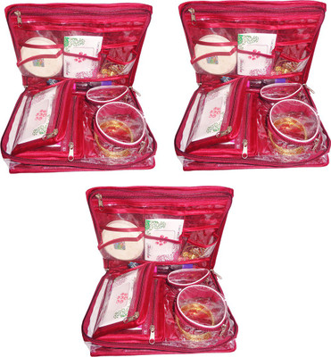Sarohi Pack of 3 Satin Bangle Jewellery Makeup Beauty Kit Storage Pouch Vanity Box(Maroon)