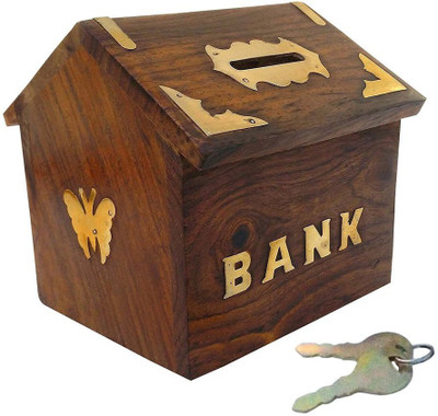 

rjd_traders Handmade Wooden Money Bank HUT Shape Coin Box Coin Bank(Brown)
