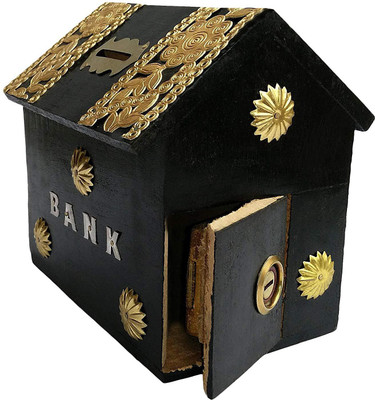 

rjd_traders Black Wooden Hut Shaped Money Bank Size;6 x 4 Inch Black Colored with Gotta Work | Coin Box | Money Bank for Coins and Money for Kids and Adult Coin Bank(Black)