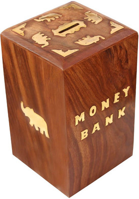 

Sri Balajee Handcrafted Wooden Money Bank - Coin Saving Box - Piggy Bank - Gifts for Kids, Girls, Boys & Adults (1) Coin Bank(Brown)