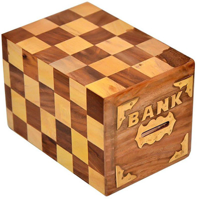 

rjd_traders Square Chess Handmade Wooden Money Bank with Lock for Money Safe | Coin Box | Money Bank for Coins and Money for Kids and Adult Coin Bank(Brown)