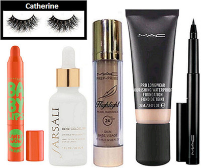 

catherine Eyelashes, Mac pro long wear foundation, prep+prime highlight, pen eyeliner, farsali rose gold elixir face serum, baby lip balm(Set of 6)