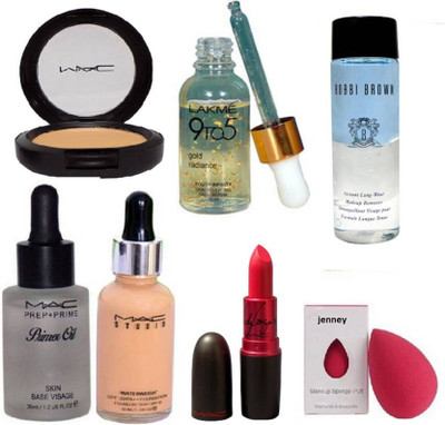 

jenney sponge puff , bobbi brown instant makeup remover , mac studio waterweight foundation ,gold radiance serum , studio fix powder plus compact , mac primer oil,lady gaga matte finish lipstick(Set of 7)