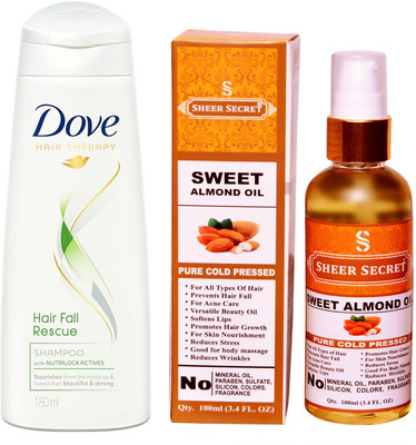 

SHEER SECRET SWEET ALMOND OIL 100ML (PURE COLD PRESSED) and DOVE 180 ML HAIRFALL RESCUE SHAMPOO(Set of 2)
