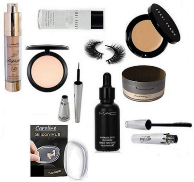 

caroline Silicon Puff, Eyelashes, Bobbi Brown Concealer, Makeup Remover, Mac Loose Powder, Compact, Brook Candy Eyeliner,Mascara, Hyper Real Foundation, Highligter(Set of 10)