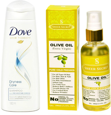 

SHEER SECRET OLIVE OIL 100ML (PURE COLD PRESSED) and DOVE 180 ML DRYNESS CARE SHAMPOO(Set of 2)