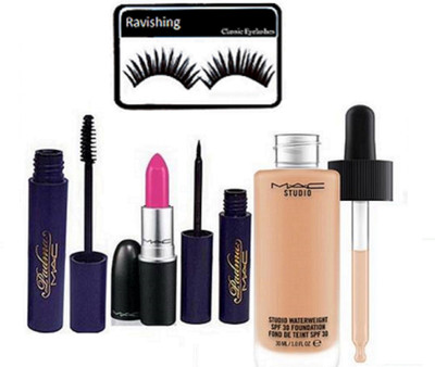 

RAVISHING Eyelashes & Mac Studio Waterweight Foundation & Padma Liquid Eyeliner & Mascara & Pink Shade Matte Finish Lipstick(Set of 6)